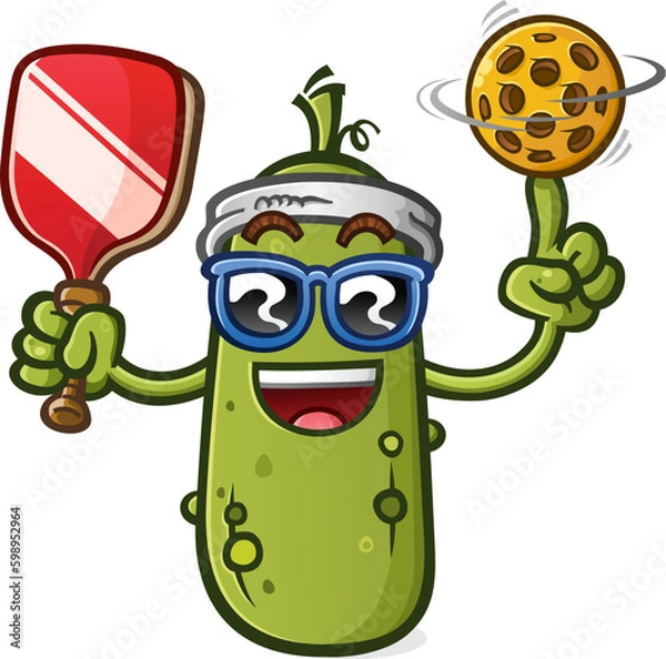 Obraz Pickle ball cartoon mascot wearing a sweatband and holding a paddle and ball with a big smile on his face ready for a match up and wearing sunglasses