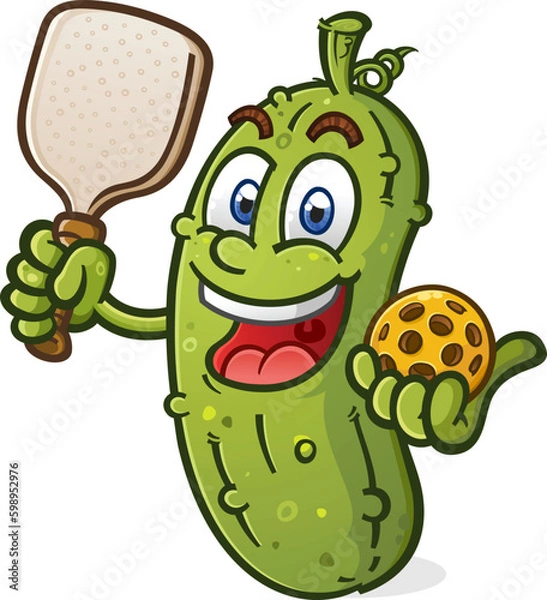 Obraz Pickleball cartoon pickle mascot holding a paddle and yellow ball with a big smile on his face