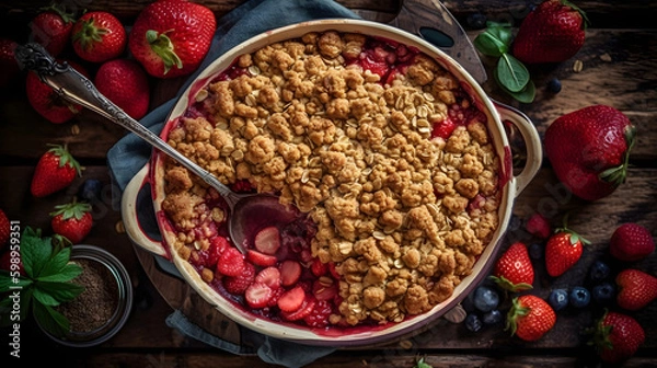 Fototapeta Homemade rhubarb and strawberry crumble pie with on the plate on a wooden table. Generative AI.