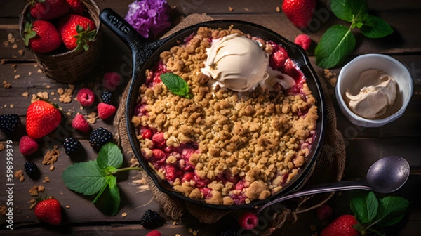 Fototapeta Homemade rhubarb and strawberry crumble piee served with ice-cream on a wooden table. Generative AI.