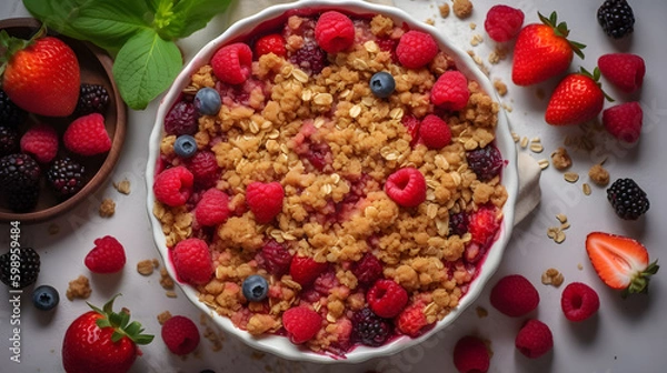 Fototapeta Homemade rhubarb oat crumble with raspberries on a wooden table. Generative AI.
