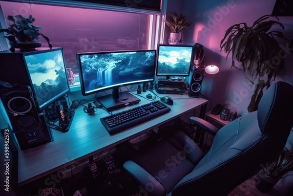 Fototapeta Streamer gamer desktop setup with computers headphones and camera, generative ai