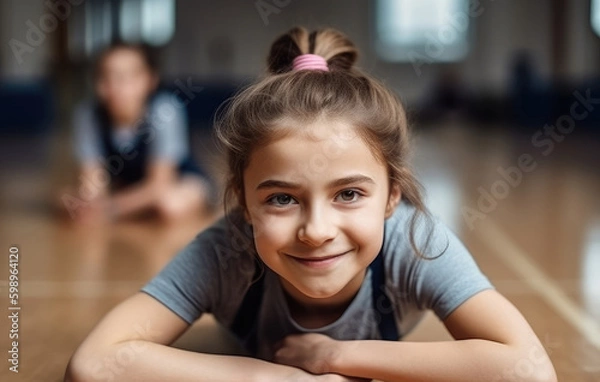 Fototapeta School girl smiling and looking at camera in the gym at school with group of students at the background. Generative AI.
