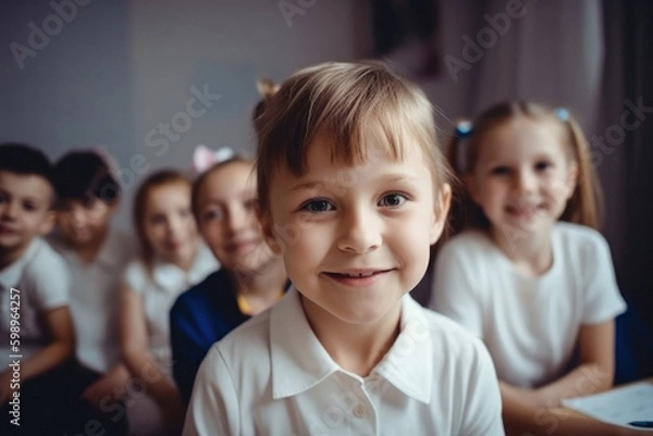 Fototapeta Portrait of School girl smiling and looking at camera studying at school with group of students at the background. Generative AI.