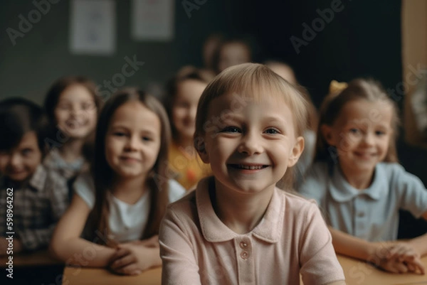 Fototapeta Portrait of School girl smiling and looking at camera studying at school with group of students at the background. Generative AI.