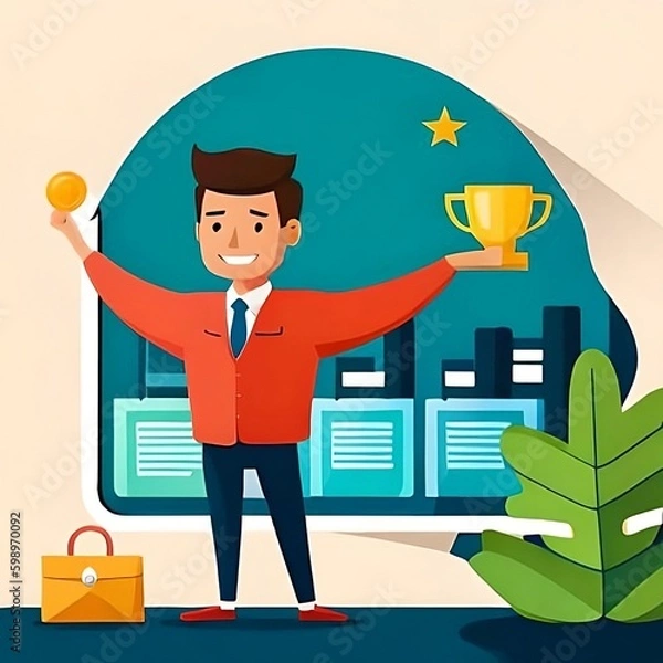 Fototapeta Vector Illustration Set Depicting Successful Individuals Setting and Achieving Business Goals, Objectives, and Receiving Rewards.