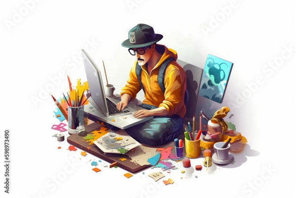 Fototapeta Illustration of a graphic designer at work on white background, generative ai
