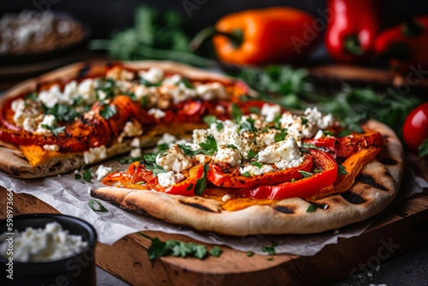 Fototapeta lavash with tomatoes, pepper and cheese, armenian food generative ai