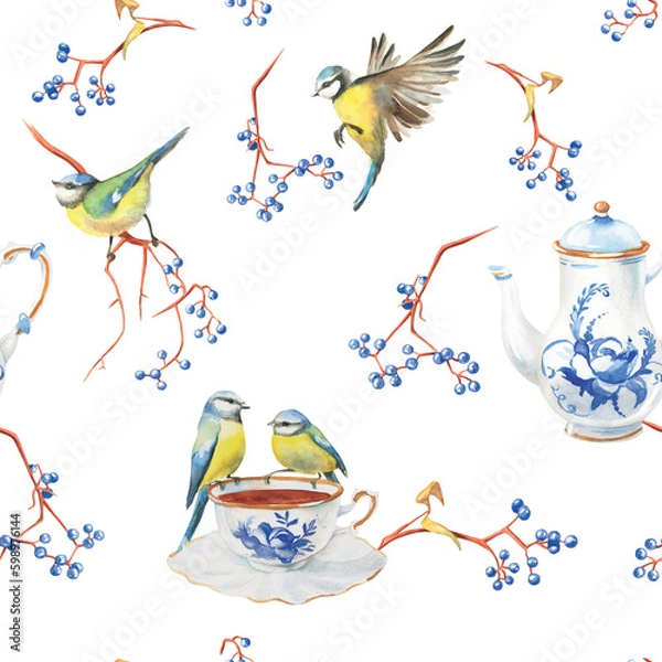 Obraz birds tits and tea hand painted watercolor seamless pattern