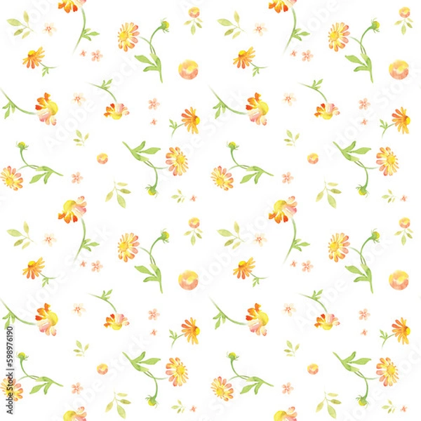 Obraz orange marigold flowers hand painted watercolor seamless pattern