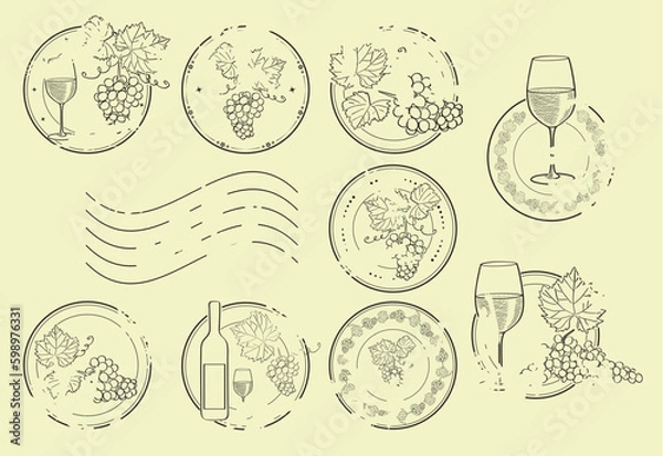 Fototapeta grunge postage stamps with grape and wine glass - vector