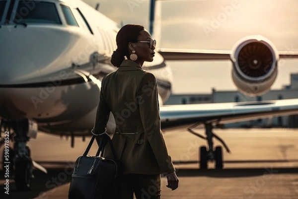 Fototapeta Top executive boarding her private jet at the airport. Composite with different elements made with generative AI