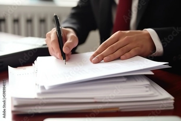 Fototapeta Office employee working with documents close-up view. Businessman signing a document or application. Generative AI