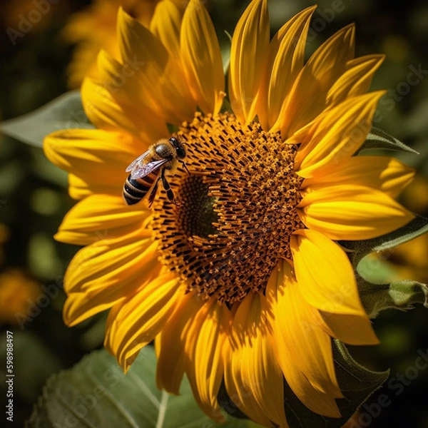 Fototapeta A Macro Shot of a Bee Pollinating a Sunflower in a Garden, generative AI