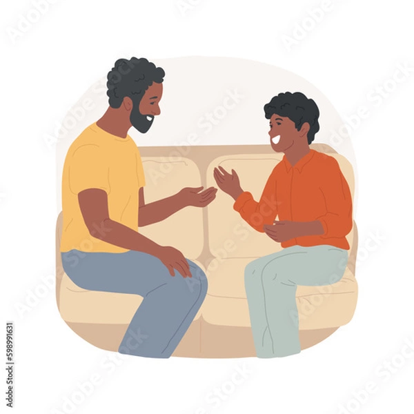 Fototapeta Personal talk with dad isolated cartoon vector illustration. Son having dialogue with dad, father and child discussing plans, people communication, teenager lifestyle vector cartoon.