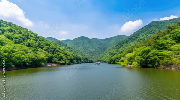 Obraz a grand view of a mountain and a big river, generative ai