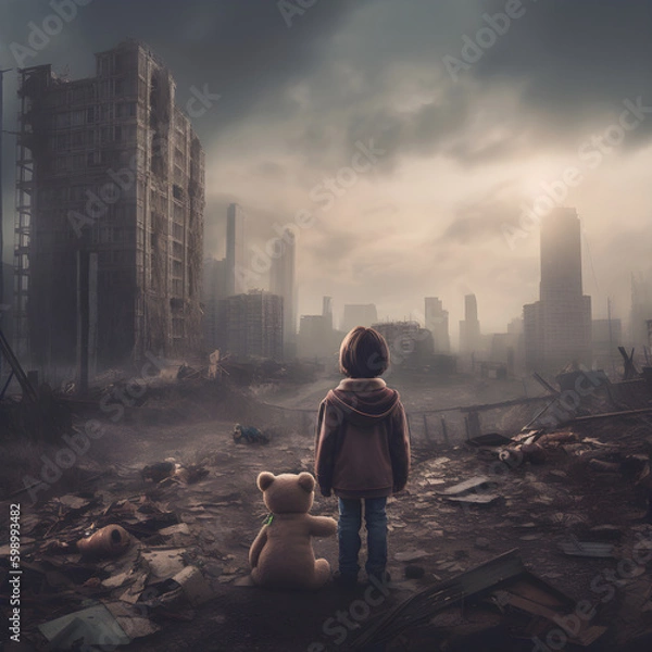 Fototapeta A lonely lost kid with her teddy bear standing on the ruins of a big destroyed city after the end of the world or after a big disaster like earthquake or flood. Armageddon concept. Generative AI