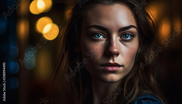 Fototapeta Beautiful young woman with long brown hair smiling generative AI