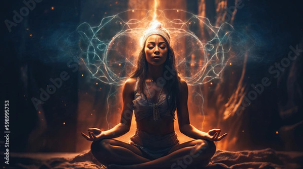 Fototapeta Portrait of a Woman, Spiritual Healing and Energy Flow in a Mesmerizing Psychic Waves Environment, Generative AI