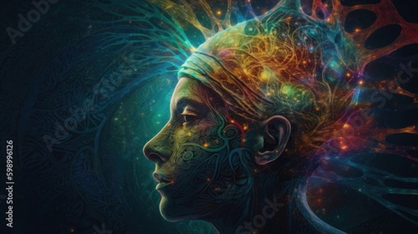 Fototapeta An Portrait of a Surreal Woman on a Meditation Journey in a Dreamlike Landscape, Psychic Waves Trend, Generative AI