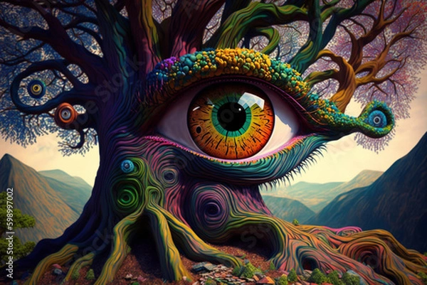 Fototapeta Enigmatic Conversations: Psychedelic Talking Tree with Big Eyes in Ultra High Detail