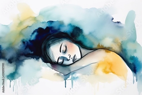 Obraz abstract watercolor painting of a person dealing with sleeplessness because of pain and depression. - Generative AI 