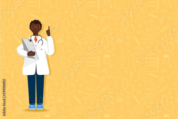 Fototapeta Doctor african cartoon character in full growth holding a clipboard on the background of medical instruments. Clip-art isolated on yellow background. Professional advice. medical concept
