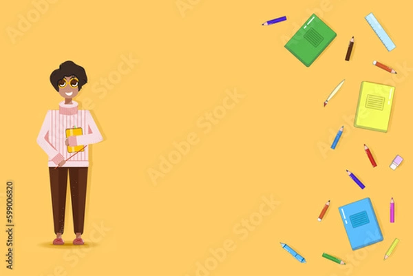 Fototapeta Vector banner with a teacher on a yellow background in a cartoon style with notebooks and pencils on the side.