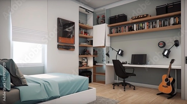 Fototapeta Boy's teenage bedroom, which is every guy's dream where he can have a little private life. Generative AI Technology 