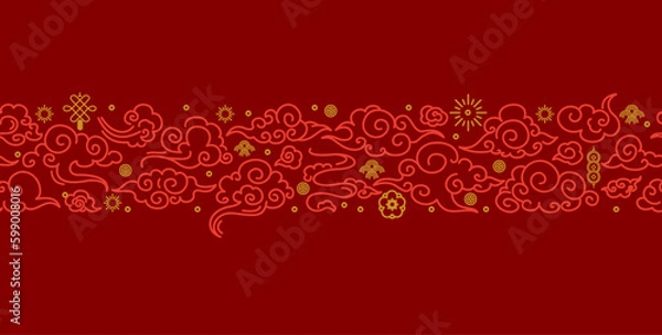 Fototapeta Asia Clouds Signs Thin Line Pattern on a Red Chinese Style. Vector illustration of Oriental Decoration for Web and App Design