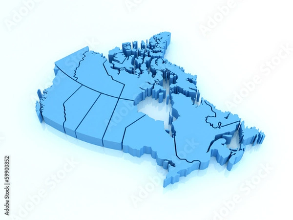 Fototapeta Trójwymiarowa mapa Kanady na białym tle. Mapa 3D
