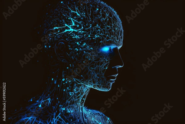 Obraz Concept of artificial intelligence. Human face in blue colors, generative ai