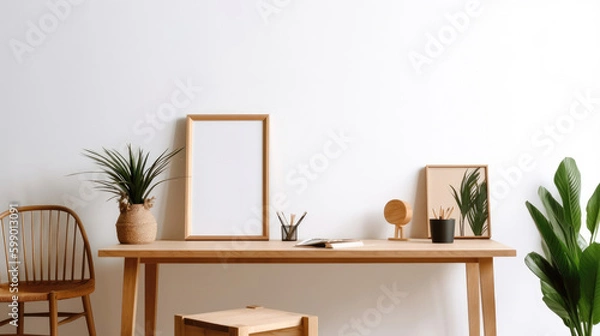 Fototapeta blank picture frame is placed on the table, with a minimalistic style
