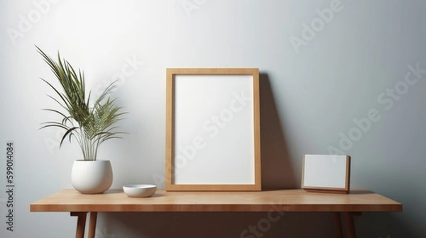 Fototapeta blank picture frame is placed on the table, with a minimalistic style