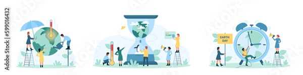 Fototapeta Earth Day set vector illustration. Cartoon tiny people reduce global warming with umbrella and watering can, push hand on clock with Earth on dial, countdown of time to save planet in hourglass