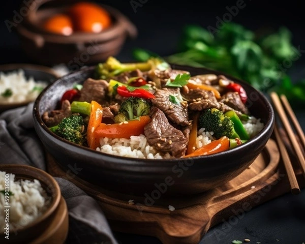 Fototapeta homemade beef stir-fry with juicy chunks of beef and a medley of crisp vegetables in a bright and flavorful sauce
