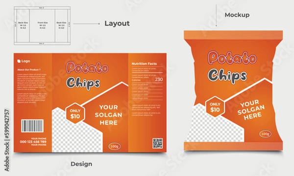 Obraz Potato chips package design, realistic vector design Potato chips packaging template, chip packaging, packaging, chips, vector illustration .