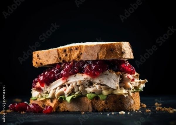 Fototapeta turkey sandwich with cranberry sauce and stuffing on rye bread