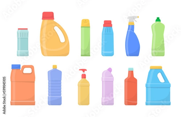 Fototapeta Chemical clean bottles. Plastic bottles of household chemicals and cleaning products. Flat design. House cleaning tools vector bottles and boxes pack isolated on white background.  