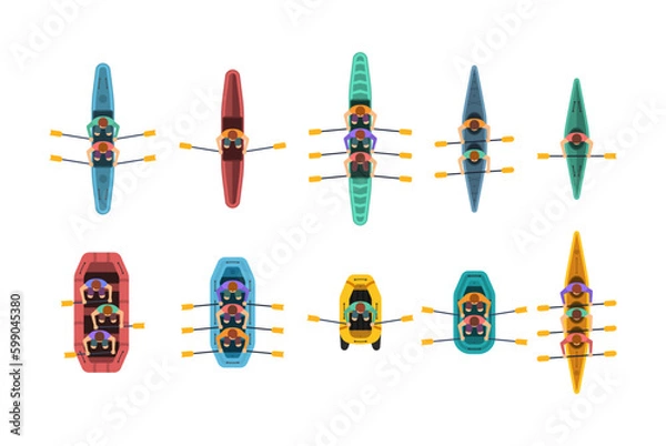 Fototapeta Athletes paddling kayaks set. Kayaking water sport, outdoor activities in summertime. Set of boats with people inside top view. River or sea, lake or pond with a motor or wooden sailboat vector. 