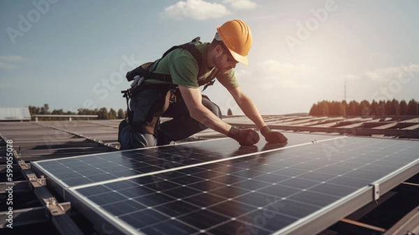Fototapeta Solar Power Engineer Instalowanie paneli słonecznych na dachu, technik elektryczny w pracy, alternatywna koncepcja generowania zielonej energii odnawialnej