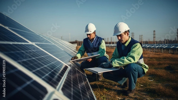 Fototapeta Solar power plant, engineers working with solar panels, alternative renewable green energy generation concept