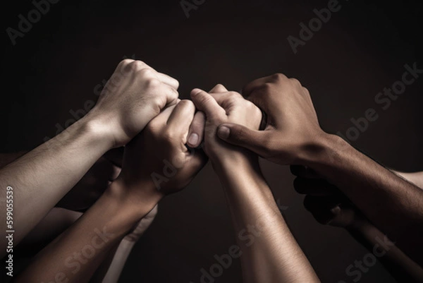 Fototapeta close up photo of multiple pairs of hands with different skin colors holding each other, concept for teamwork, cohesion and humanity, multicultural diversity, generative AI
