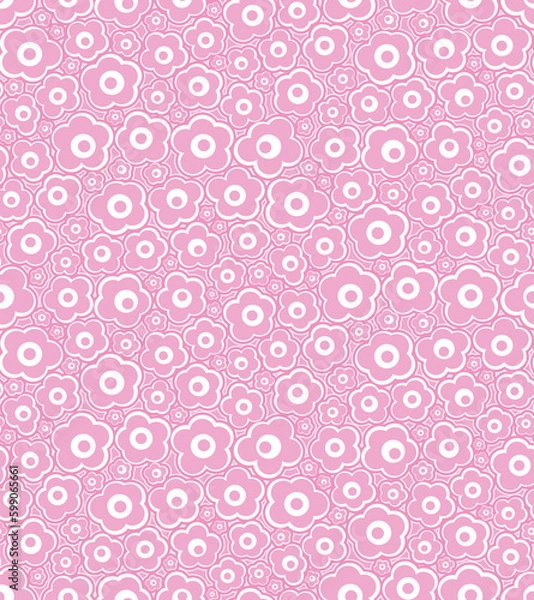 Fototapeta Seamless abstract floral pattern with little stylized pink geometric flowers on a white background. Graphic textile texture. Vector illustration for textile, wrapping, and packaging.