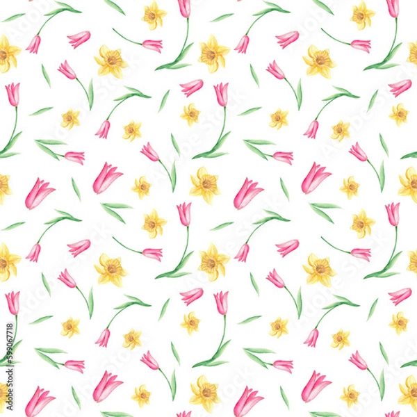 Fototapeta Seamless watercolor pattern with narcissus and tulips on white background. Can be used for fabric prints, gift wrapping paper, kitchen textile.