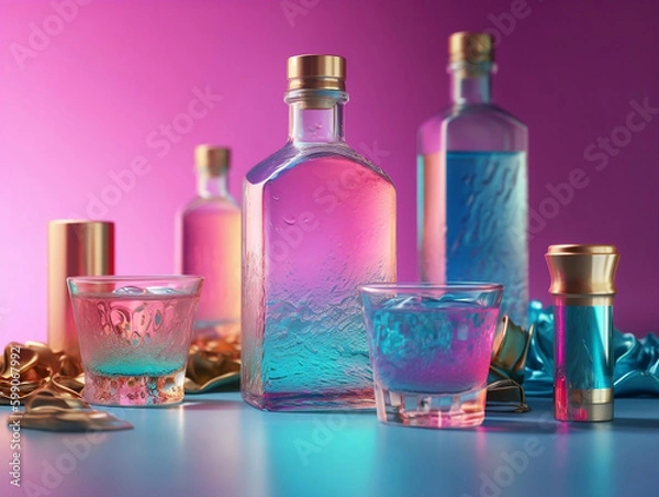 Fototapeta realistic, label, mockup, 3d, mock-up, template, illustration, liqueur, whiskey, clear, different, brandy, close-up, design, red, pink, collection, cocktail, beverage, clean, ai, genearted