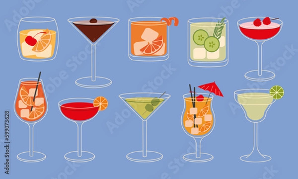 Obraz Set of cocktails vector flat illustration. Classic cocktails in different types of glasses for menu. Alcohol beverages.