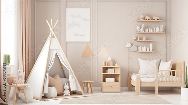 Fototapeta Mockup frame in cozy beige children room interior background. Generative Ai