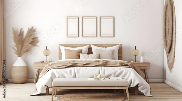 Fototapeta Horizontal frame mockup in boho bedroom interior with wooden bed, beige fringed blanket, cushion with tassels, dried pampas grass, basket and wicker lamp on white wall. 3d rendering, 3d illustration