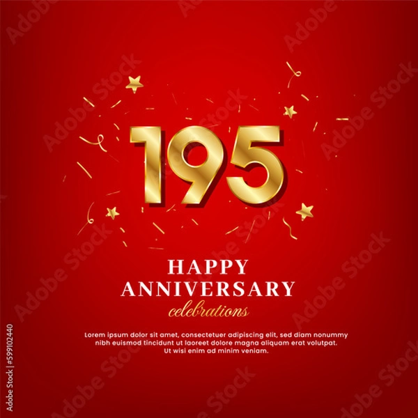 Obraz 195 years of golden numbers, anniversary celebrating text, and anniversary congratulation text with golden confetti spread on a red background
